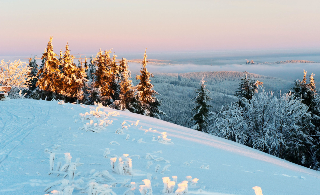 verschneite Winterlandschaft im Thüringer Wald mit Blick auf Oberhof