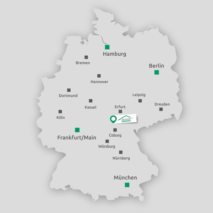 Deutschlandkarte mit eingetragenen großen Städte und Lage vom Sporthotel Oberhof
